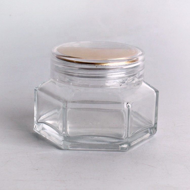 Transparent eye cream glass jar hexagon wholesale glass jar cosmetic with screw caps