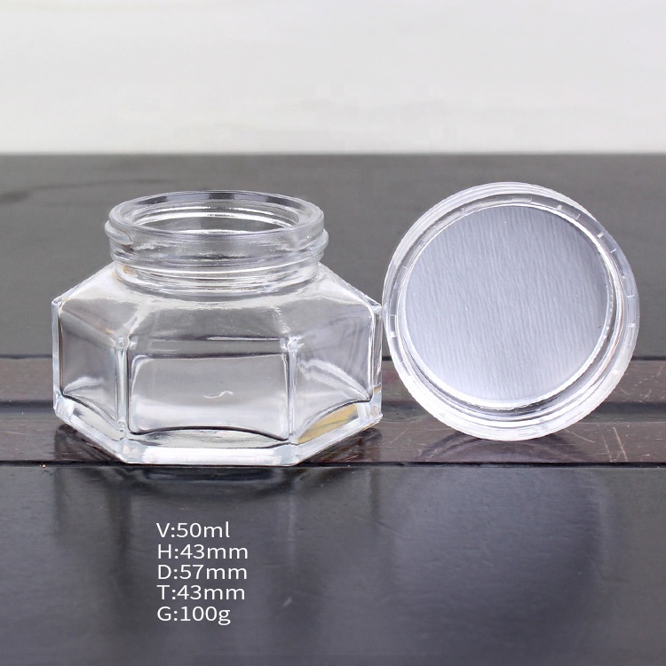 Transparent eye cream glass jar hexagon wholesale glass jar cosmetic with screw caps