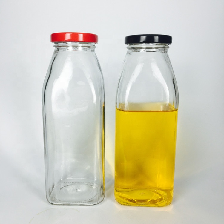 Transparent french 16oz 500ml square glass milk bottle with metal lid