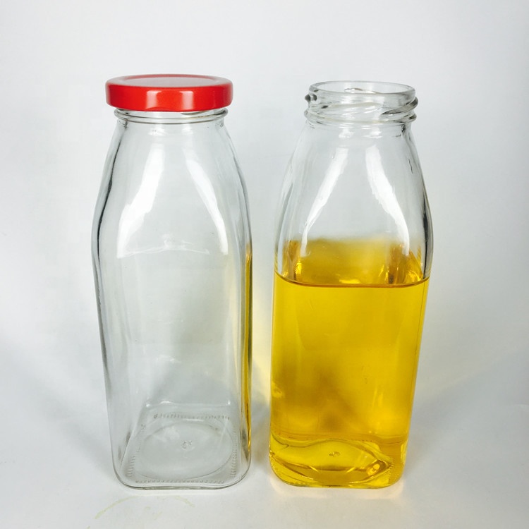 Transparent french 16oz 500ml square glass milk bottle with metal lid