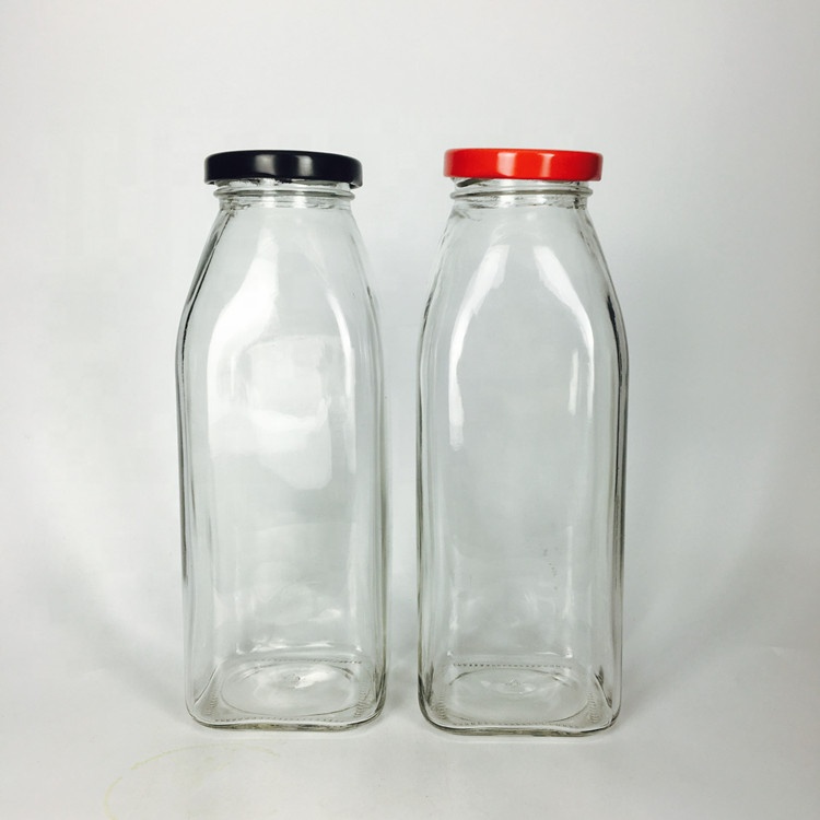 Transparent french 16oz 500ml square glass milk bottle with metal lid