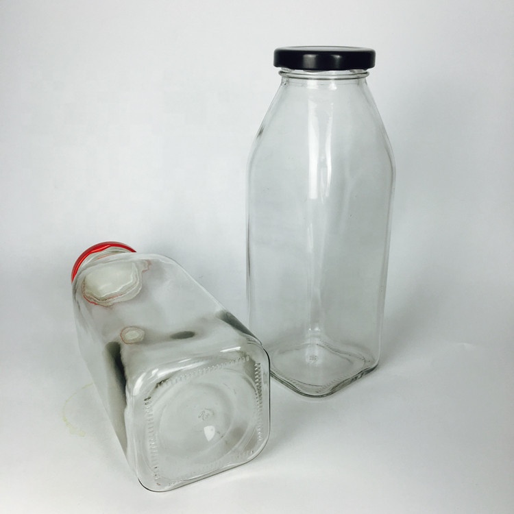 Transparent french 16oz 500ml square glass milk bottle with metal lid