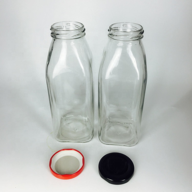 Transparent french 16oz 500ml square glass milk bottle with metal lid