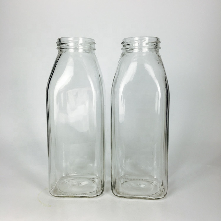 Transparent french 16oz 500ml square glass milk bottle with metal lid