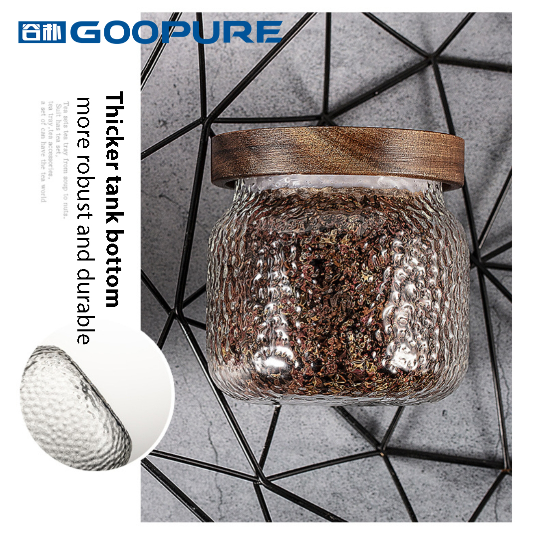 Transparent hammered glass sealed storage jar with acacia wood lid