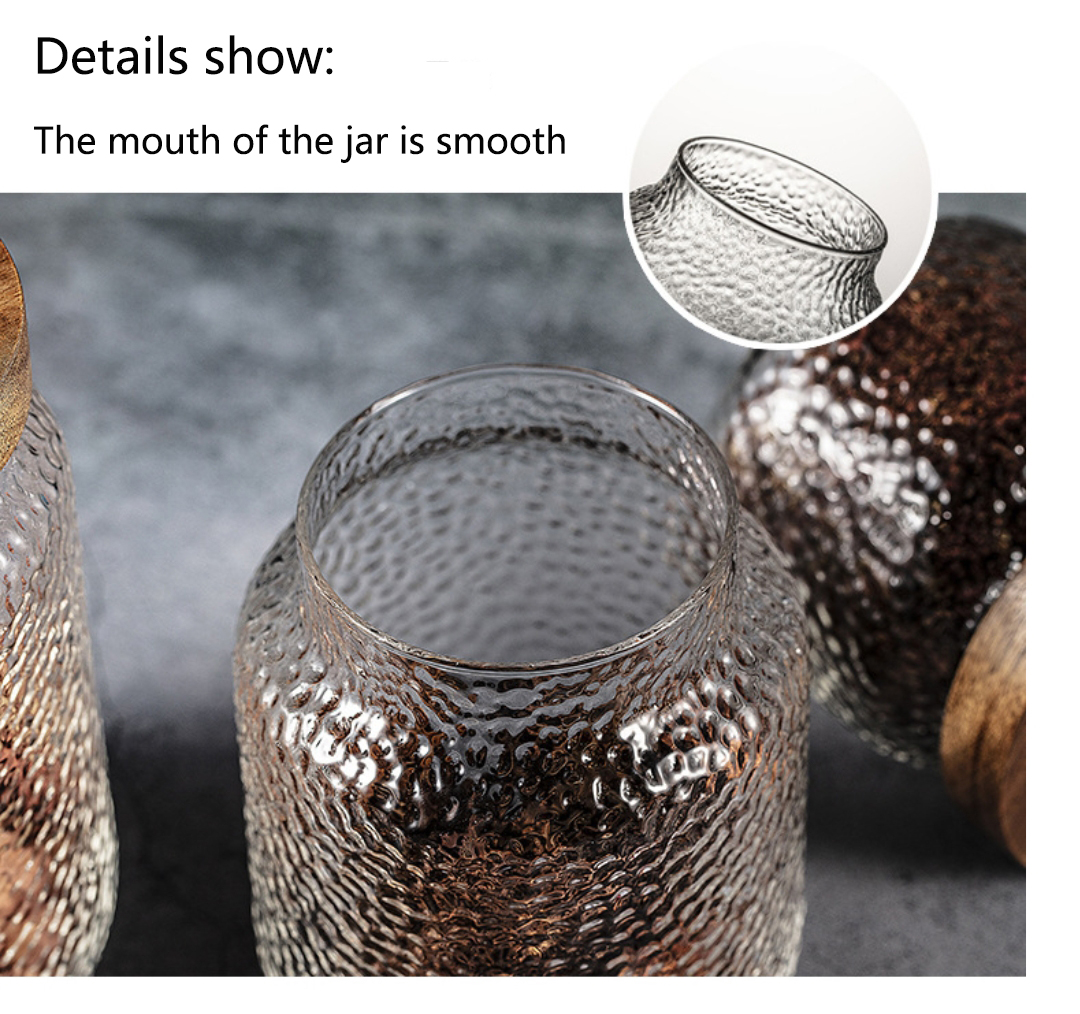 Transparent hammered glass sealed storage jar with acacia wood lid