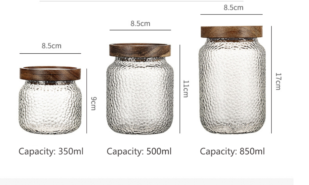 Transparent hammered glass sealed storage jar with acacia wood lid