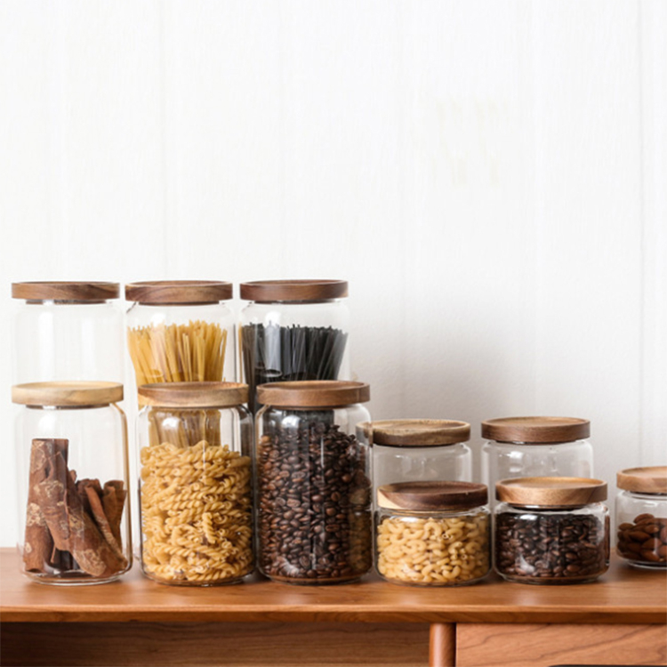 Transparent storage bottles coffee  Glass Jar Airtight Canister With Acacia Wood Lid
