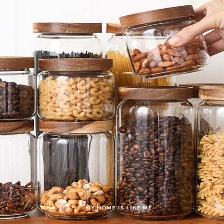 Transparent storage bottles coffee Glass Jar Airtight Canister With Acacia Wood Lid