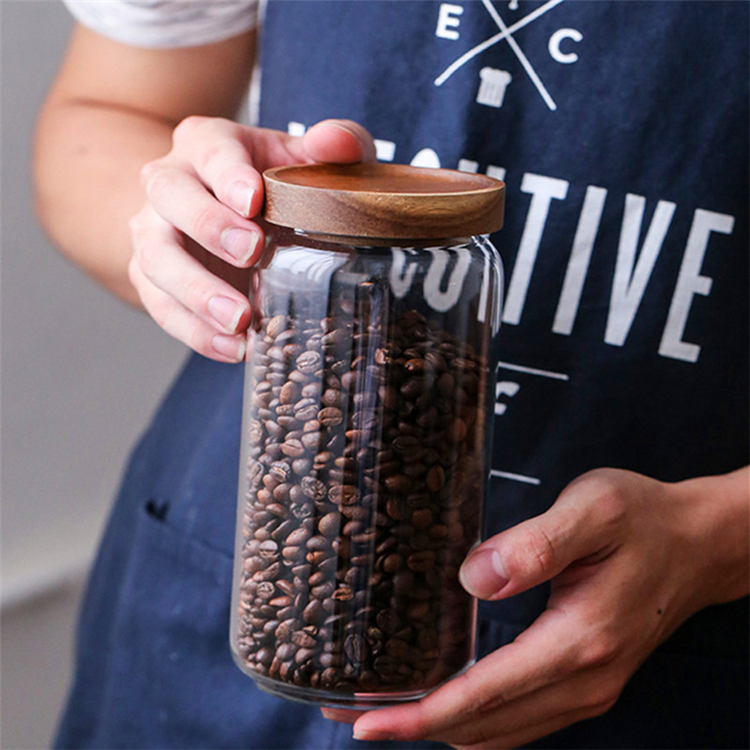 Transparent storage bottles coffee Glass Jar Airtight Canister With Acacia Wood Lid