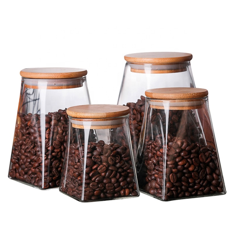 Trapezoid borosilicate glass storage jar with bamboo wooden lid
