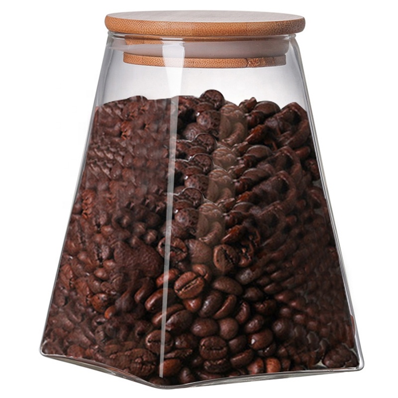 Trapezoid borosilicate glass storage jar with bamboo wooden lid