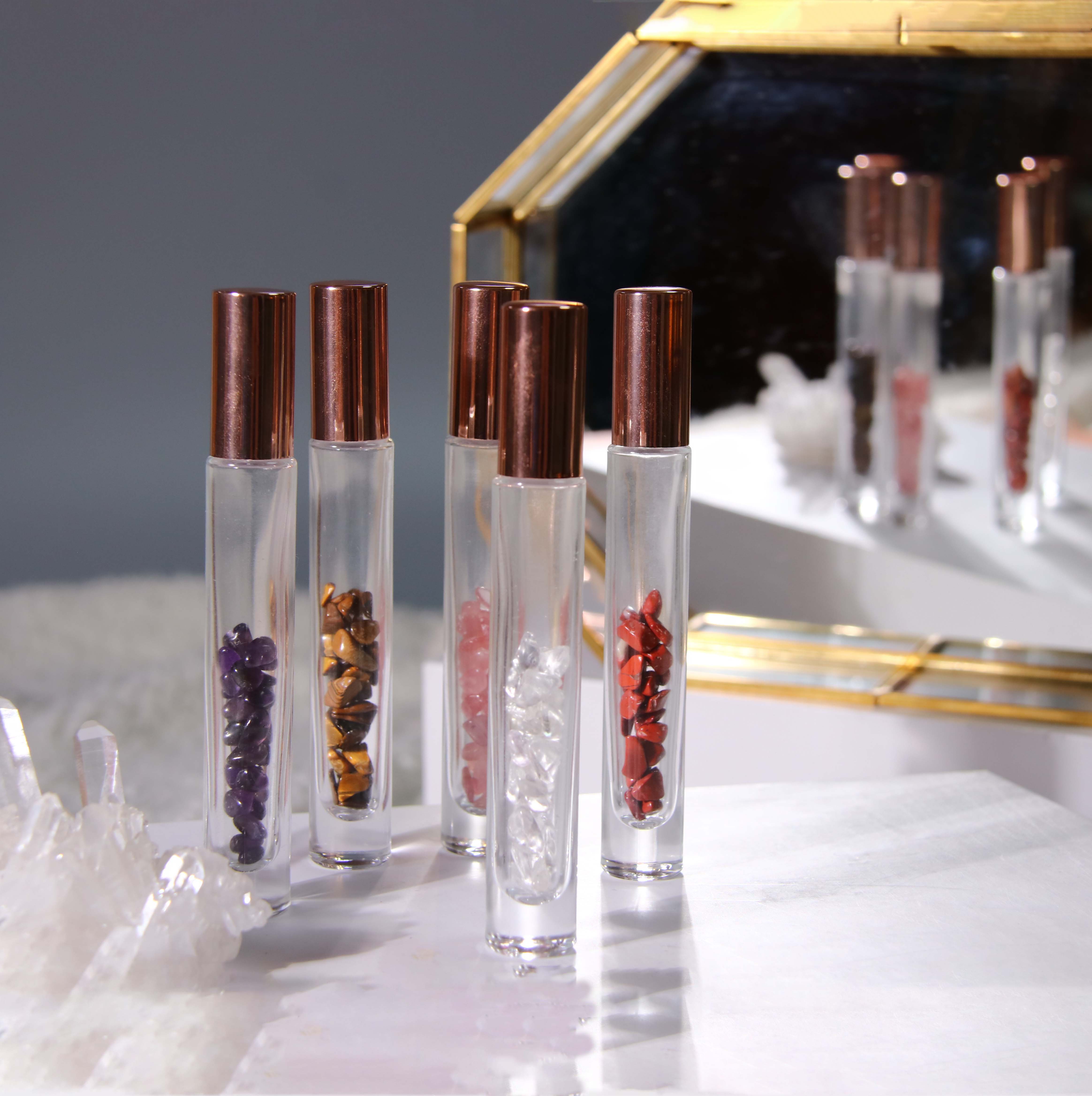 Travel 10Ml 15Ml Glass Gemstone Healing Crystal Roller Ball Essential Oil Bottles