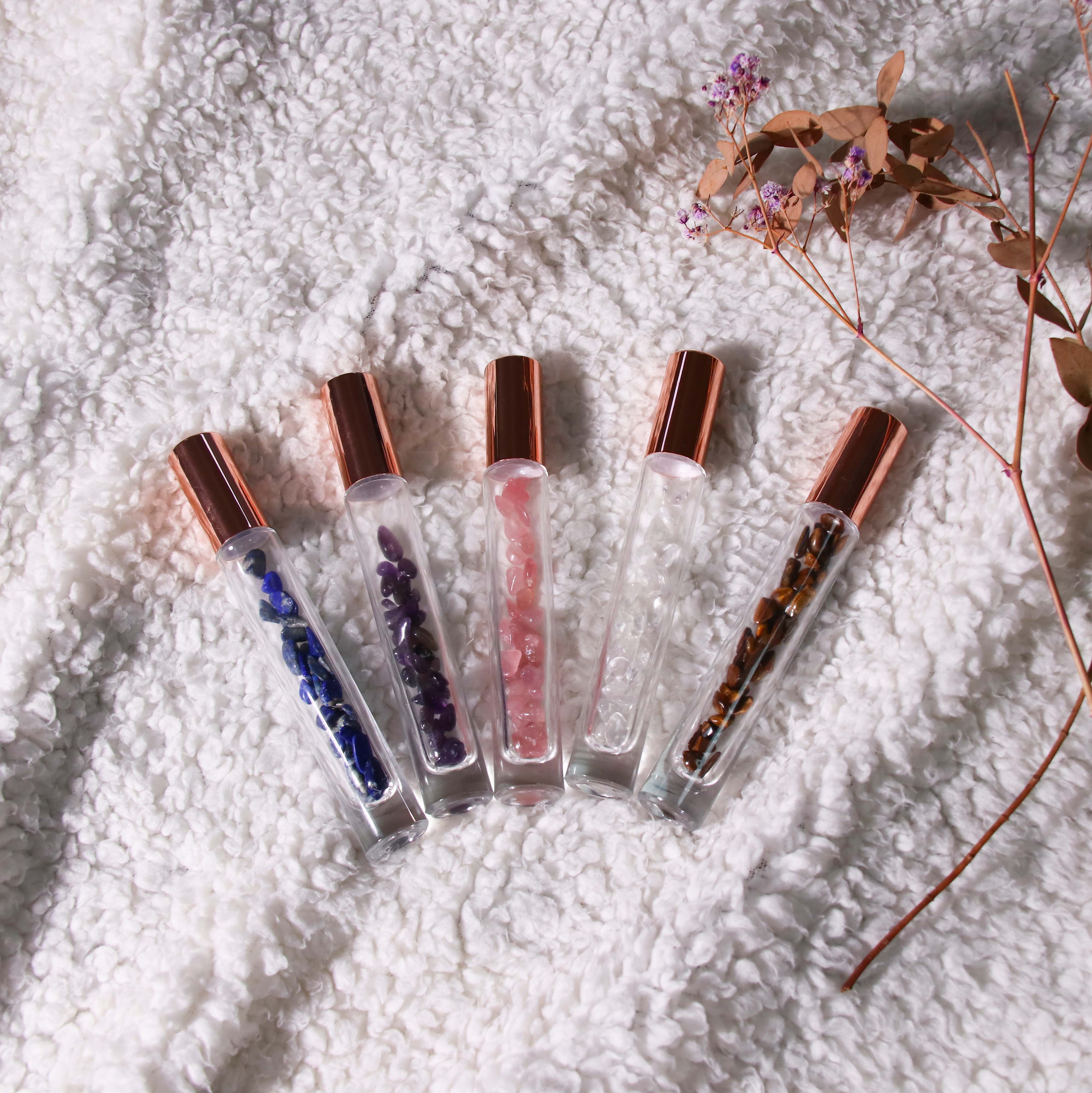 Travel 10Ml 15Ml Glass Gemstone Healing Crystal Roller Ball Essential Oil Bottles