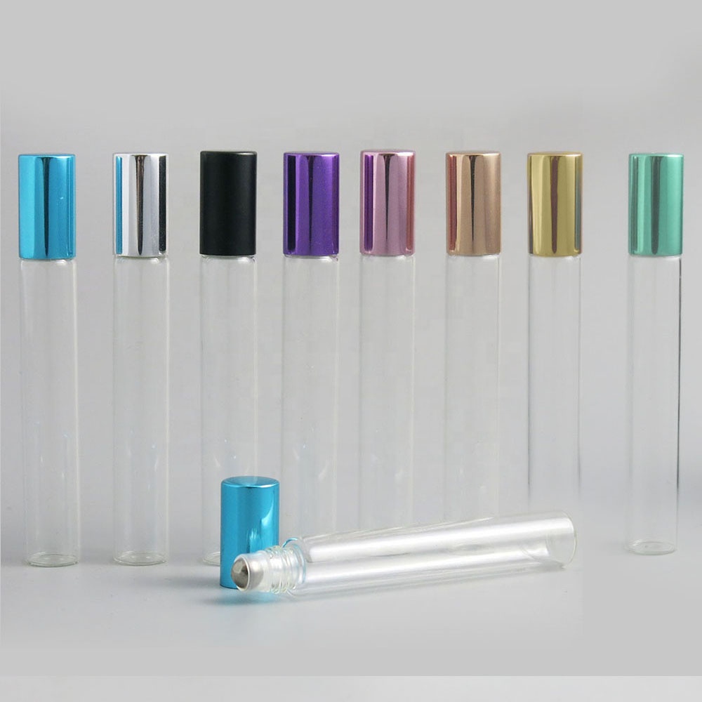 Travel portable 10ml clear glass rainbow aluminum cap roller bottle essential oil use