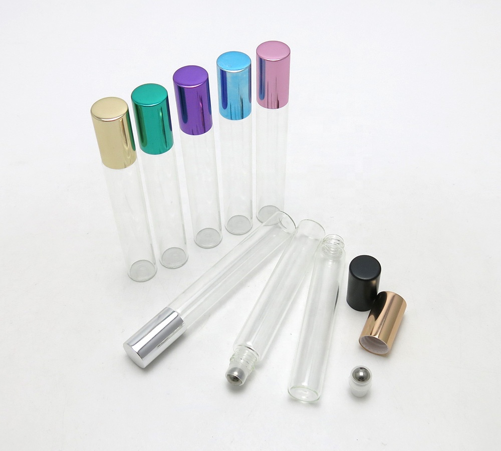 Travel portable 10ml clear glass rainbow aluminum cap roller bottle essential oil use