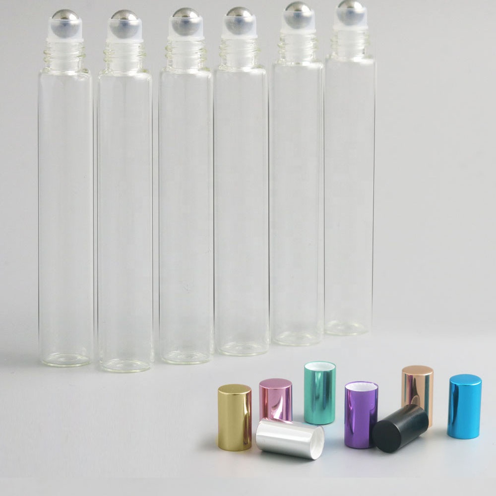 Travel portable 10ml clear glass rainbow aluminum cap roller bottle essential oil use