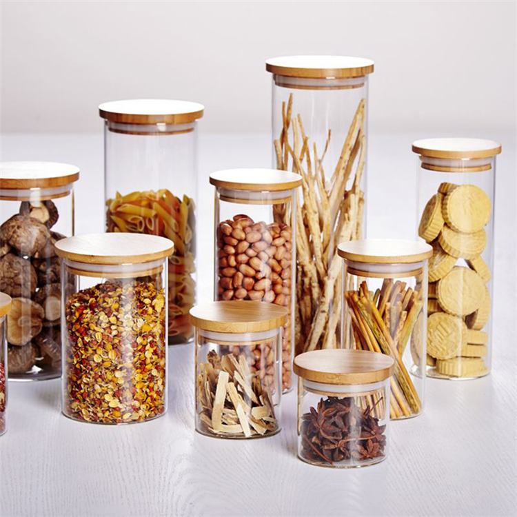 Tube Shaped Borosilicate Glass Spice Jar Glass Storage Jar Set With Bamboo Lid