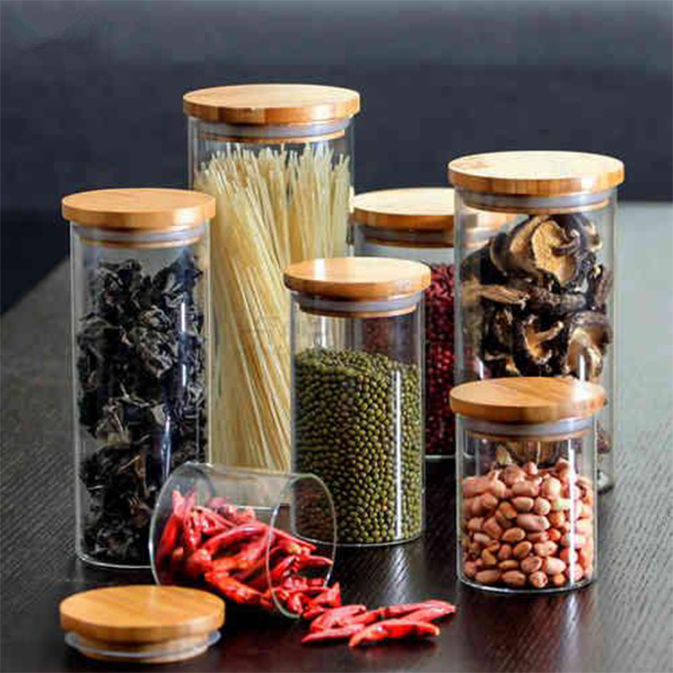 Tube Shaped Borosilicate Glass Spice Jar Glass Storage Jar Set With Bamboo Lid