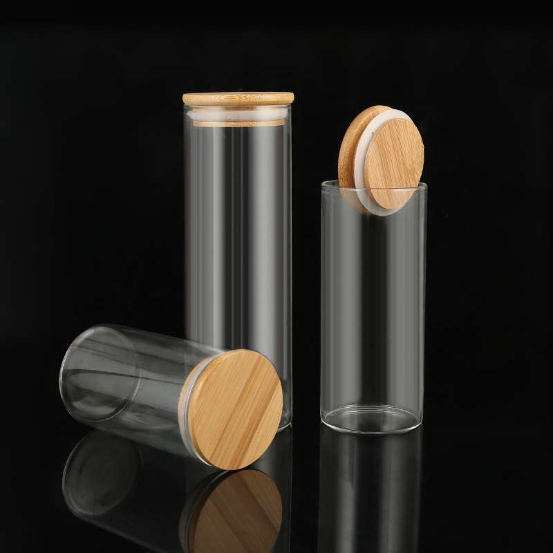 Tube Shaped Glass Jar Empty Food Storage Jar Coffee Bean Sugar Glass Jars with Bamboo Lid and Silicone Ring
