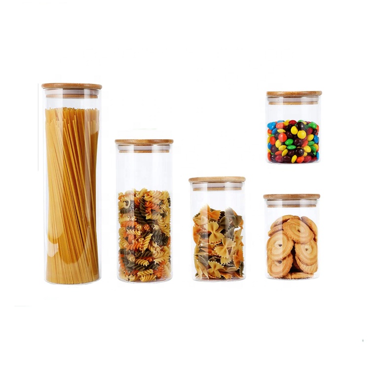 Tube round shaped borosilicate glass food storage container  with airtight bamboo lids