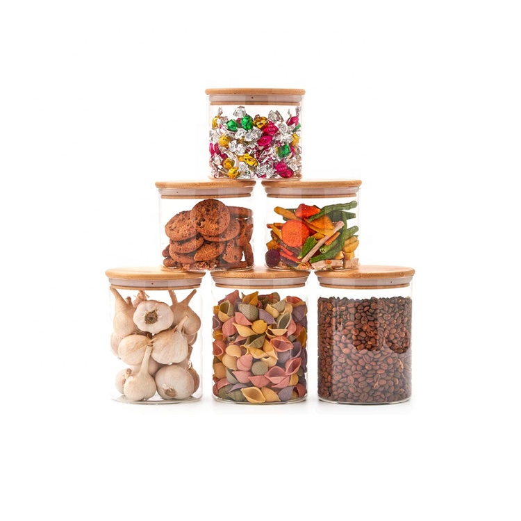 Tube round shaped borosilicate glass food storage container with airtight bamboo lids