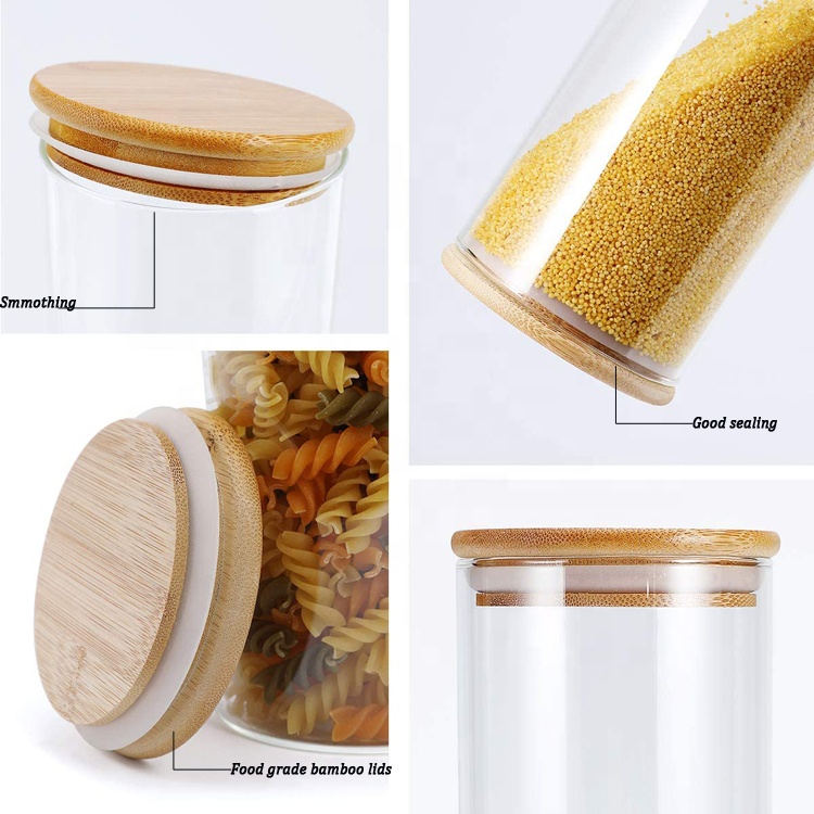 Tube round shaped borosilicate glass food storage container with airtight bamboo lids
