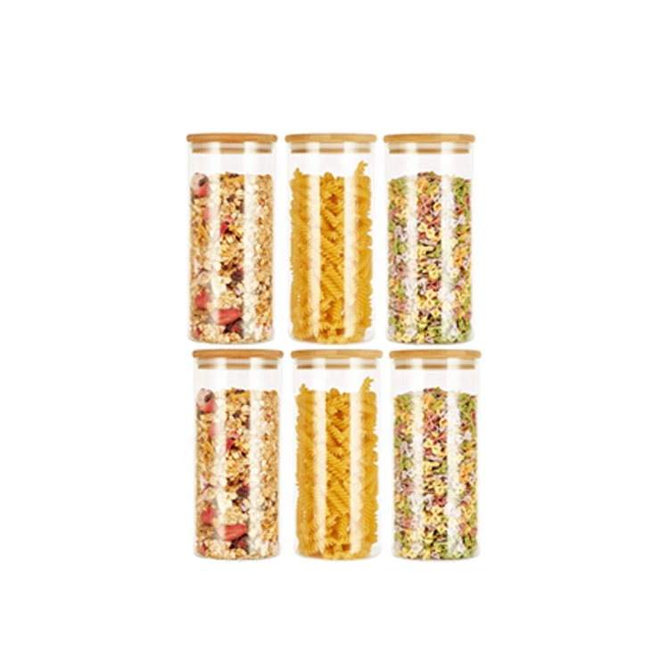Tube round shaped borosilicate glass food storage container with airtight bamboo lids