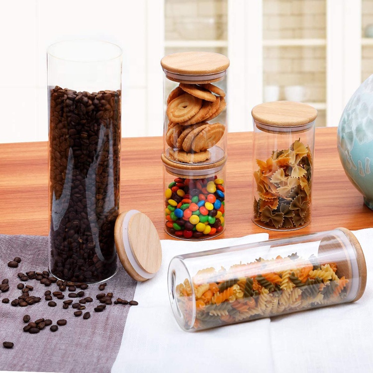 Tube round shaped borosilicate glass food storage container with airtight bamboo lids