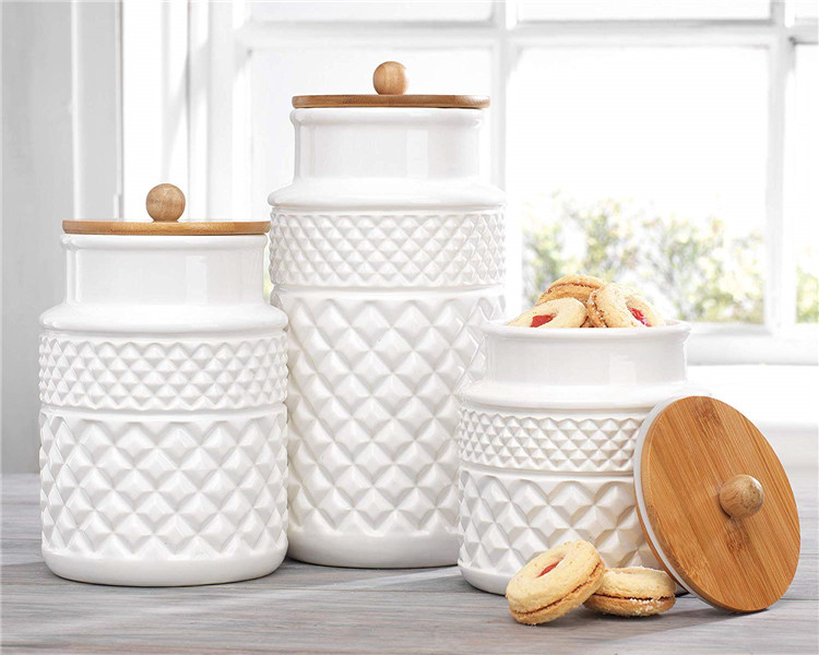 Turkey houseware kitchen embossed pattern white canister sets ceramic canister jar