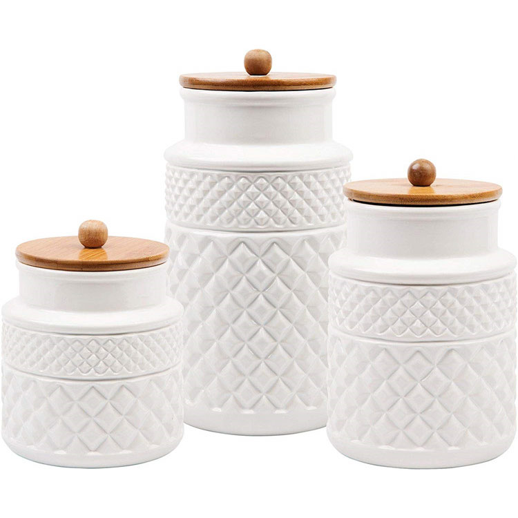 Turkey houseware kitchen embossed pattern white canister sets ceramic canister jar