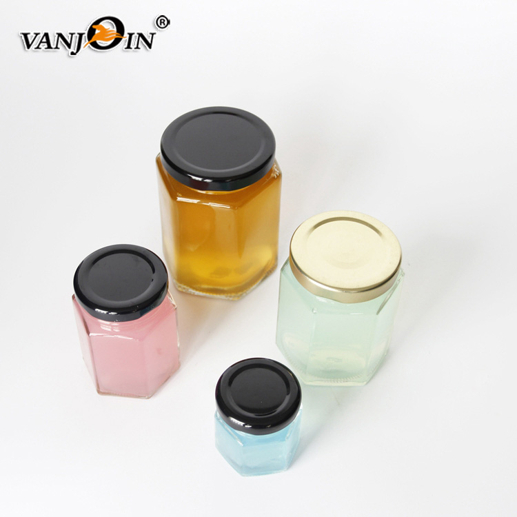 Twist Top Hexagonl Honey Jars 380ml With Golden Black Lid For 500g Honey