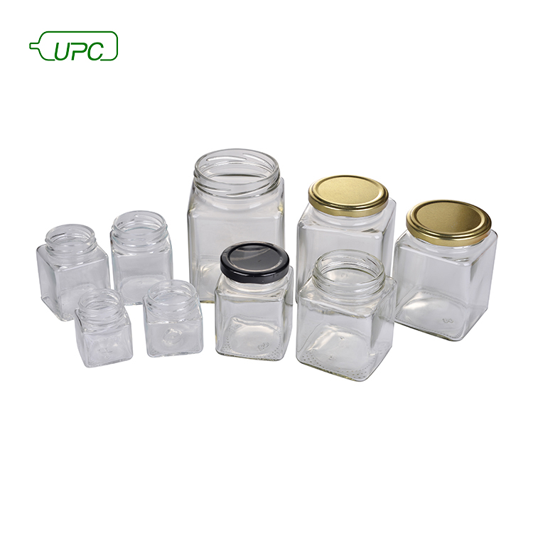 UPC brand professional clear recycled metal lid square glass jar for food