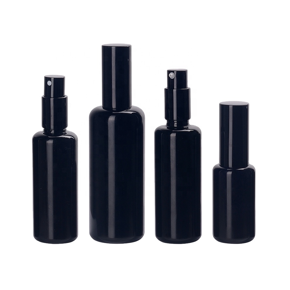 UV-proof violet glass essential oil bottles 15ml 20ml 30ml 50ml 60ml 100 ml black glass bottle with aluminum pump