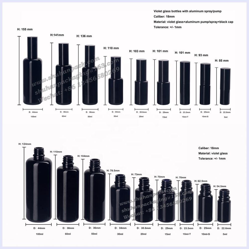 UV-proof violet glass essential oil bottles 15ml 20ml 30ml 50ml 60ml 100 ml black glass bottle with aluminum pump