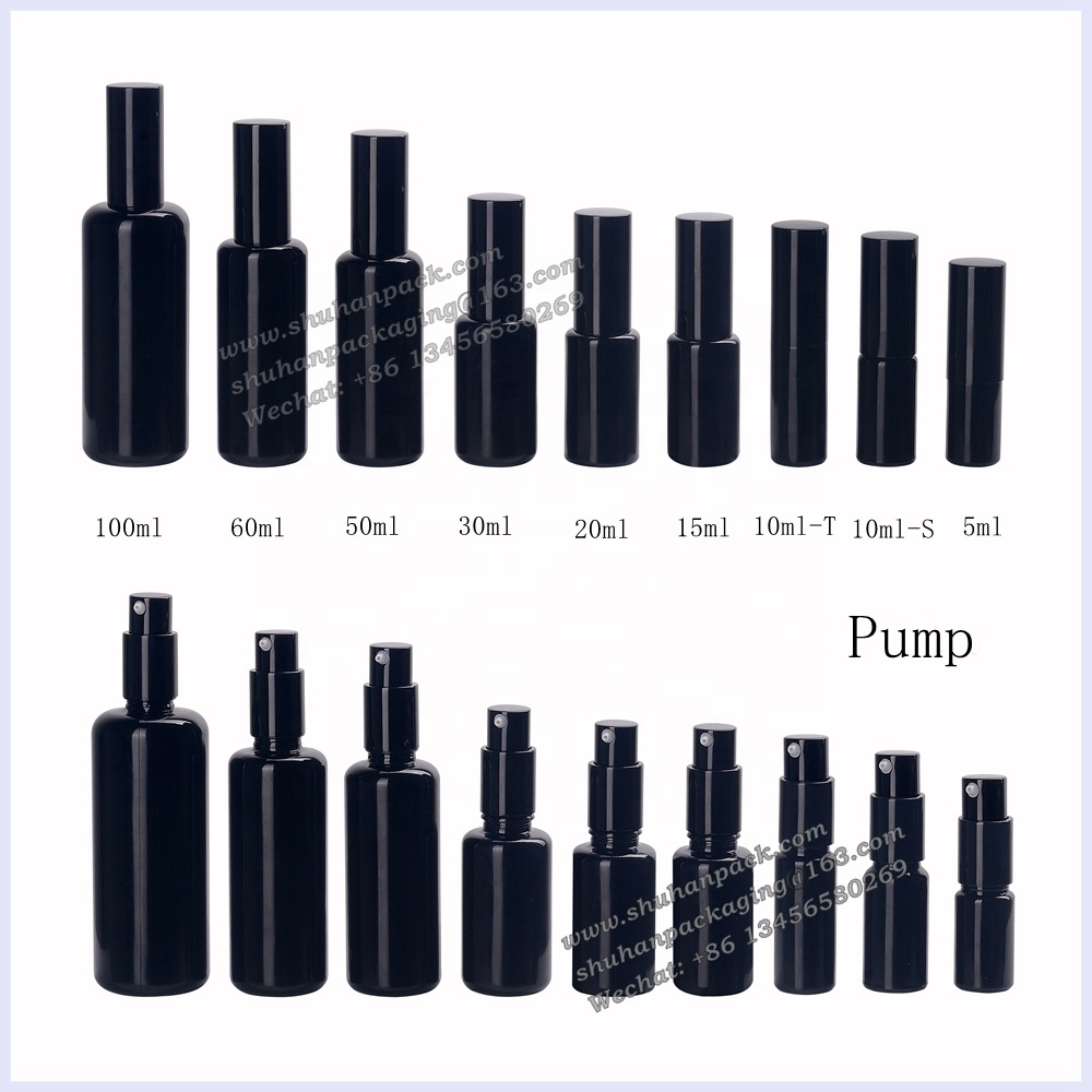 UV-proof violet glass essential oil bottles 15ml 20ml 30ml 50ml 60ml 100 ml black glass bottle with aluminum pump