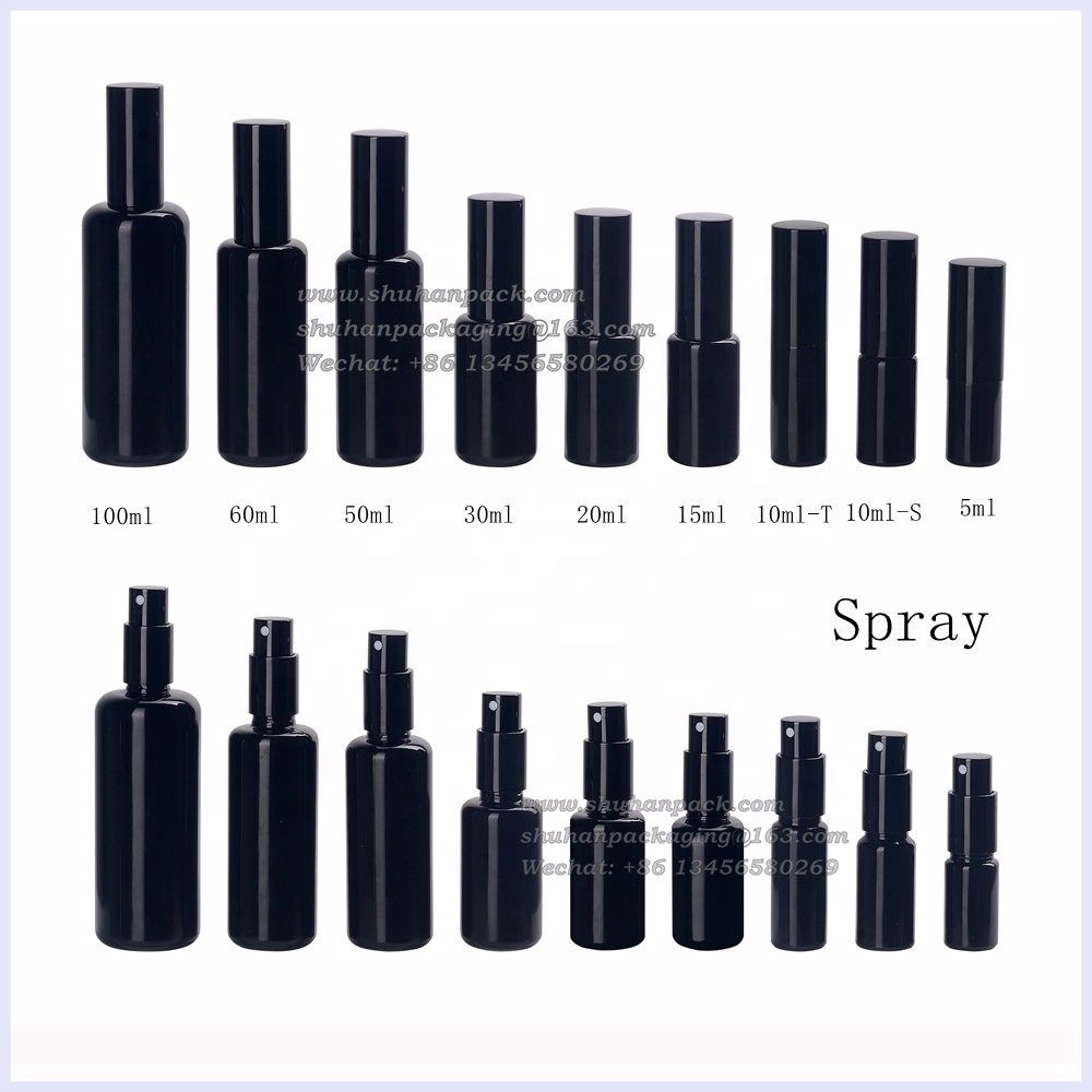 UV-proof violet glass essential oil bottles 15ml 20ml 30ml 50ml 60ml 100 ml black glass bottle with aluminum pump