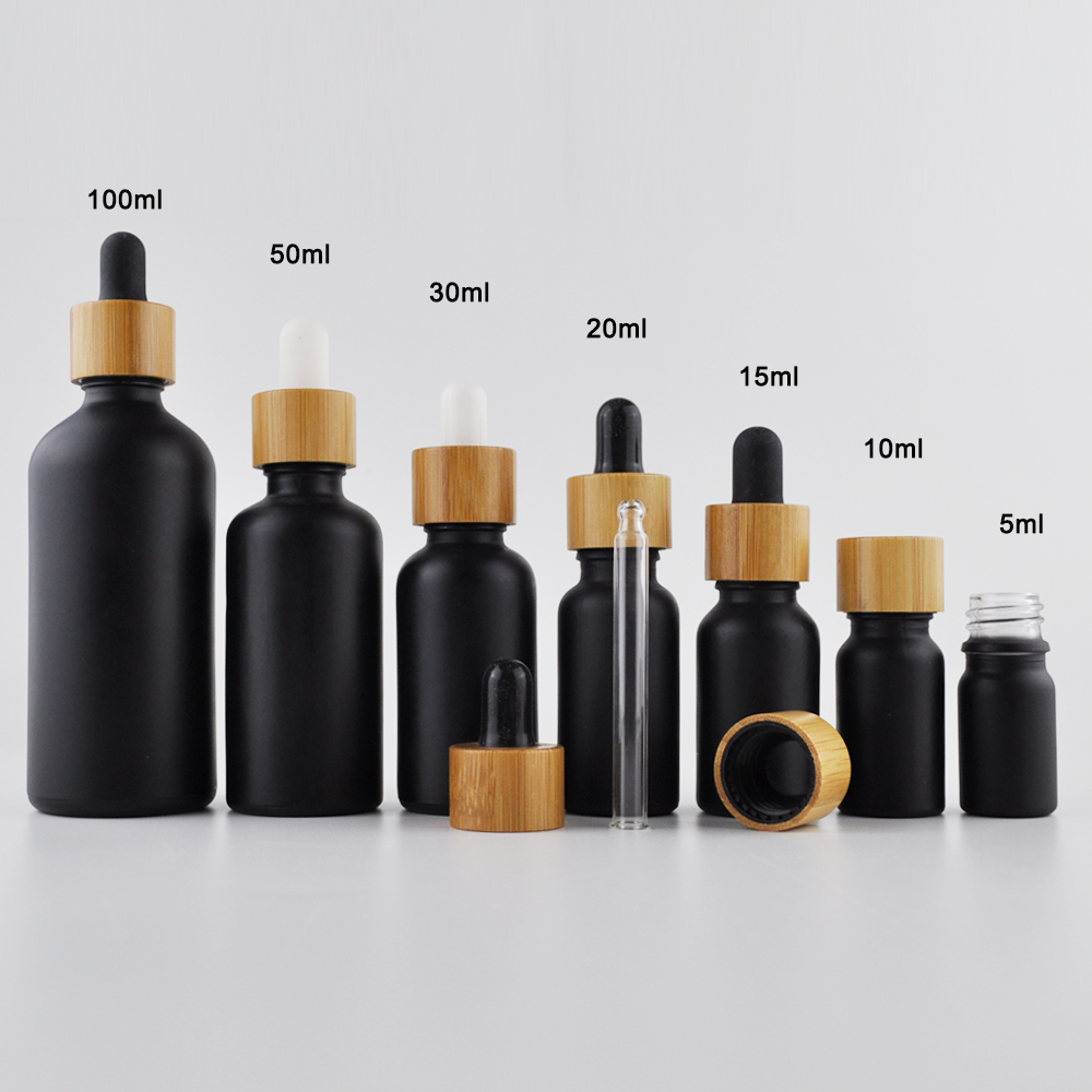 UV protection bamboo lid frosted clear amber black 5ml 10ml 15ml 20ml 30ml 50ml 100ml glass essential oil dropper bottle