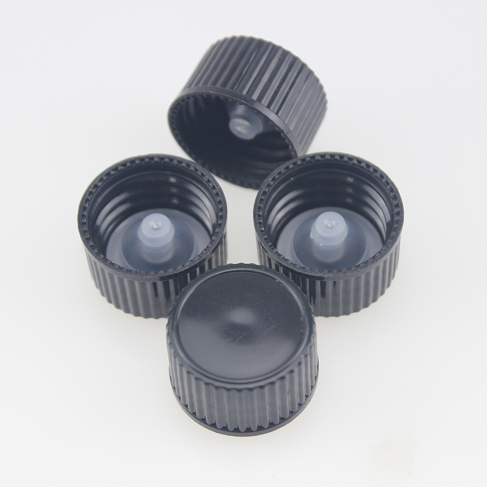 UV protection chemical cosmetic perfume material euro round bottles with ribble black Phenolic lined cone cap
