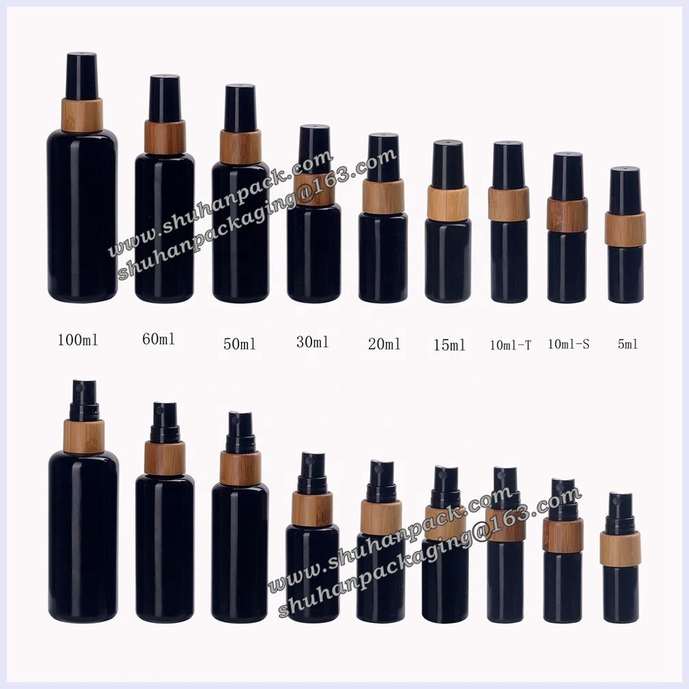 UV protection violet glass bottle 5ml 10ml 15ml 20ml 30ml 50ml 60ml 100ml black glass bamboo fine mist spray bottles