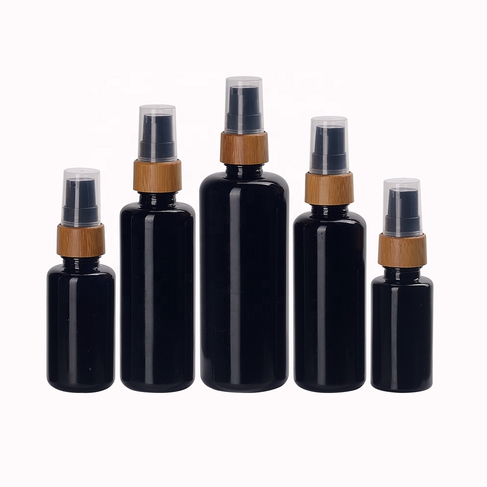 UV protection violet glass bottle bamboo serum pump 5ml 10ml 15ml 20ml 30ml 50ml 60ml 100ml black glass cream pump bottles