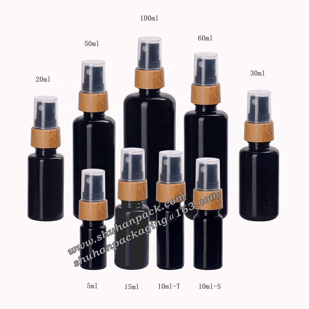 UV protection violet glass bottle bamboo spray 5ml 10ml 15ml 20ml 30ml 50ml 60ml 100ml black glass spray bottles