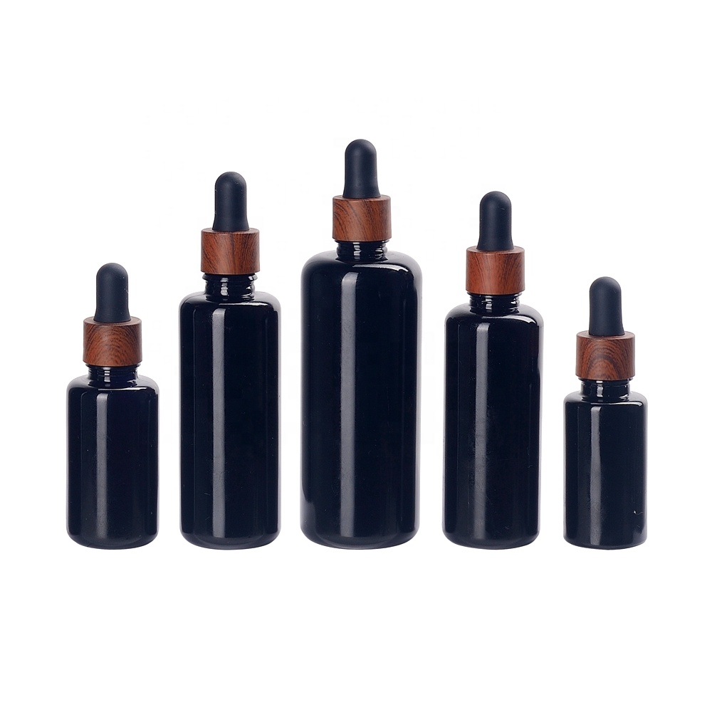 UV protection violet glass bottles 5 10 15 ml 20ml 30ml 50ml 100ml water transfer wood grain  wooden dropper black glass bottles