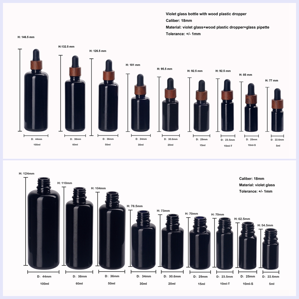 UV protection violet glass bottles 5 10 15 ml 20ml 30ml 50ml 100ml water transfer wood grain wooden dropper black glass bottles