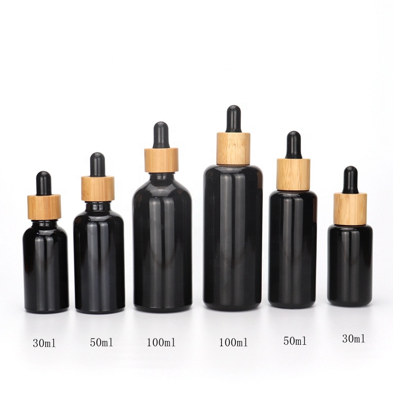 UV protection violet glass cosmetic bottles 5 ml 10 ml 15 ml 20 ml 30 ml 50 ml 100 ml  bamboo dropper black glass bottles