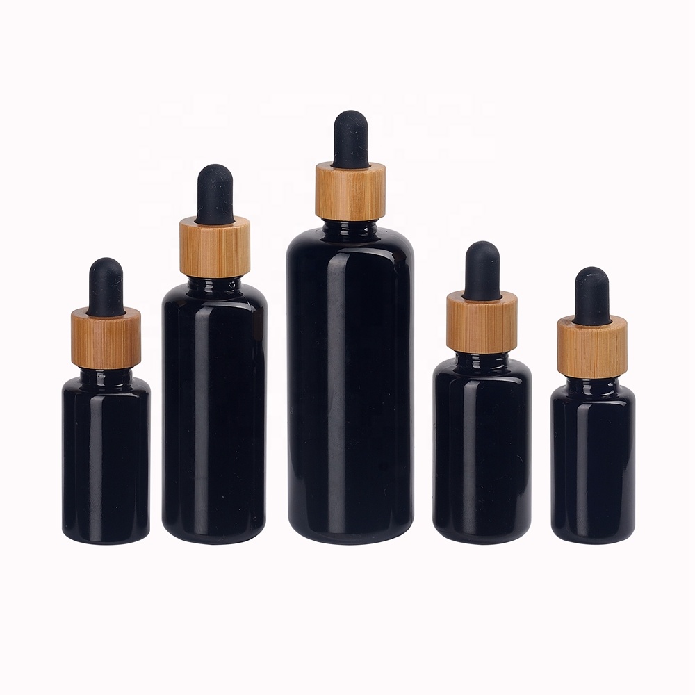 UV protection violet glass cosmetic bottles 5 ml 10 ml 15 ml 20 ml 30 ml 50 ml 100 ml bamboo dropper black glass bottles