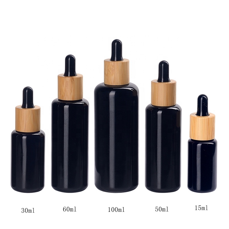 UV protection violet glass cosmetic bottles 5 ml 10 ml 15 ml 20 ml 30 ml 50 ml 100 ml bamboo dropper black glass bottles