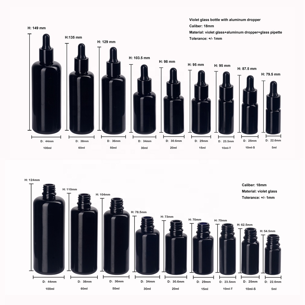 UV protection violet glass essential oil bottle opaque black glass bottles with shiny black aluminum dropper