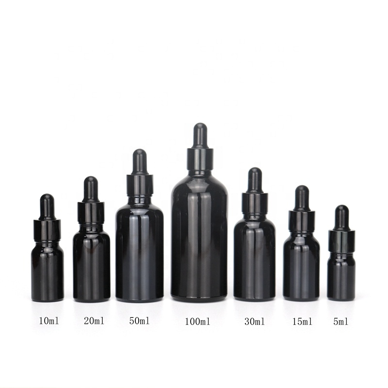 UV protection violet glass essential oil bottle opaque black glass bottles with shiny black aluminum dropper