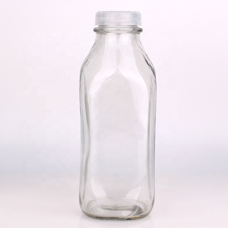 Unique 13oz square empty milk glass bottle with plastic lid